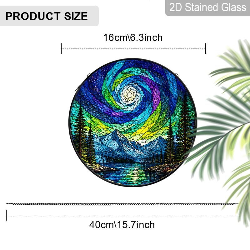 1pc 2D Flat Landscape Stained Glass Suncatcher, 6.3/7.87 Inch Starry Night Mountain Landscape Stained Glass Window Hanging, Forest Lake Glass Wall 6.3inch