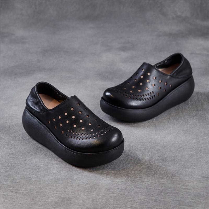 Johnature Echtes Leder Ausgeschnittene Keilsandalen mit dicker Sohle Bequeme und atmungsaktive Damen-Schlupfschuhe