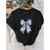 European Size Women's Butterfly Print T-Shirt - Casual Short Sleeve Top with Blue Floral Bow Design, Breathable Summer Tee