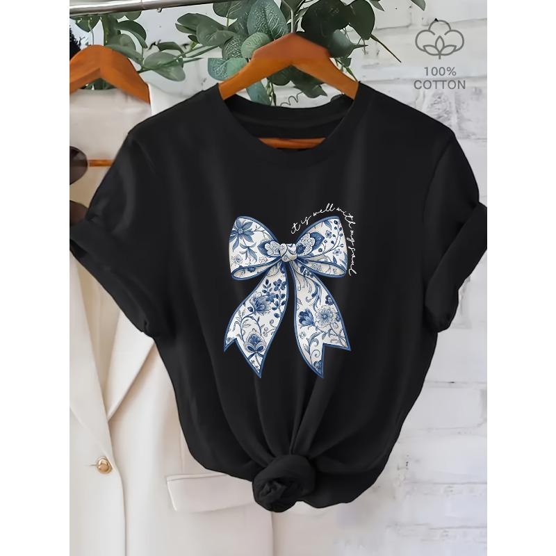 European Size Women's Butterfly Print T-Shirt - Casual Short Sleeve Top with Blue Floral Bow Design, Breathable Summer Tee
