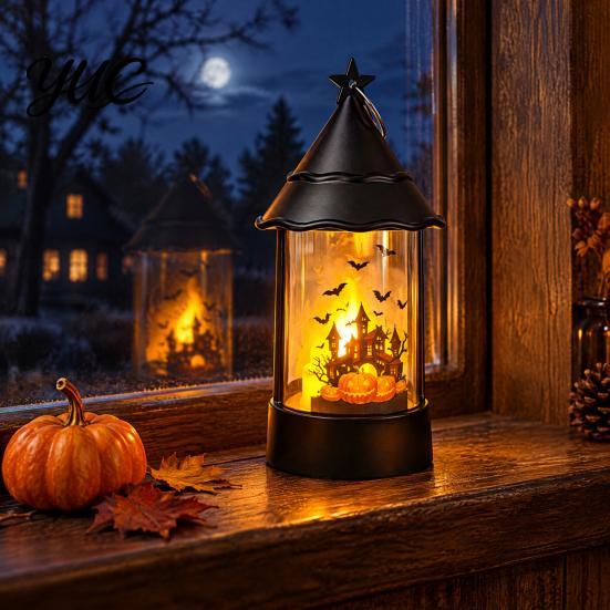 Battery Operated Candle Halloween Witch Hat Lantern, Vintage Spooky Castle Grim Reaper Pumpkin Scarecrow Tabletop Holiday Decor Table Lamp, Flickering