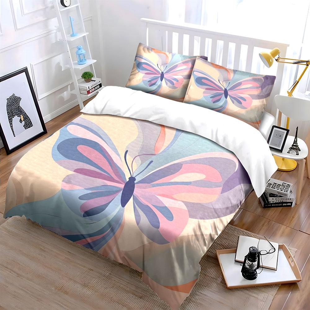3Pcs Pastel Abstract Butterfly Bedding Set,Soft Watercolor Butterfly In Blue,Pink and Purple Print Duvet Cover + 2 Pillowcases