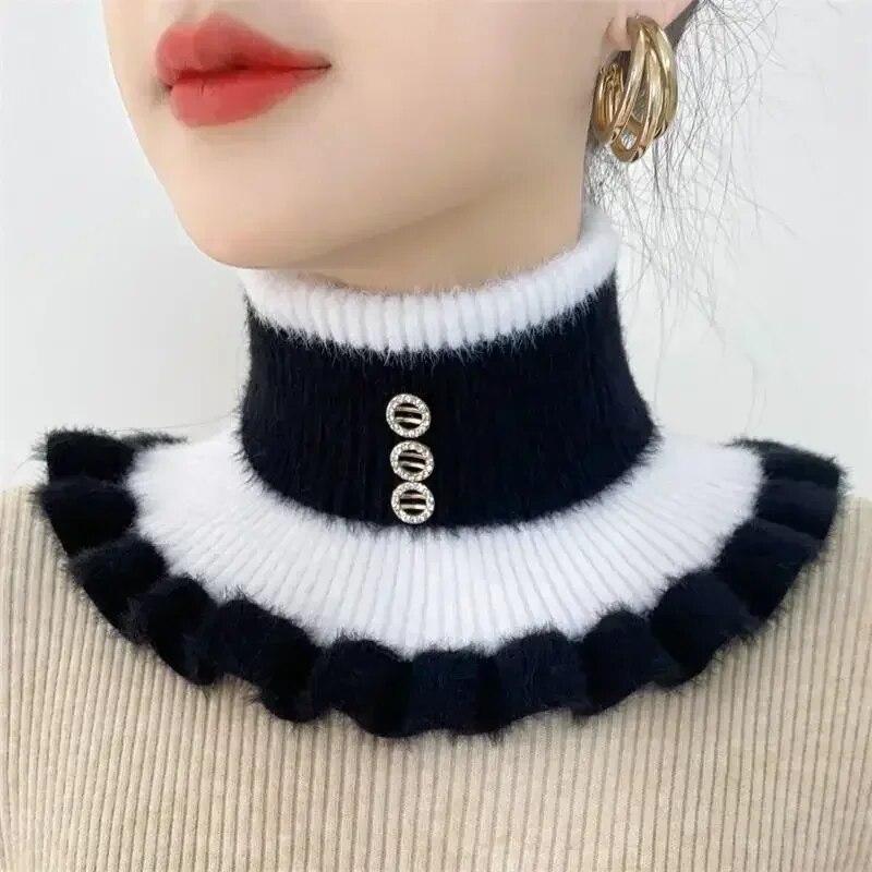 Women'S Knitted Striped Faux Mink Fur Collar, Cervical Protection And Warm Neck Cover, Versatile Lapel Collar And Interior Accessories
