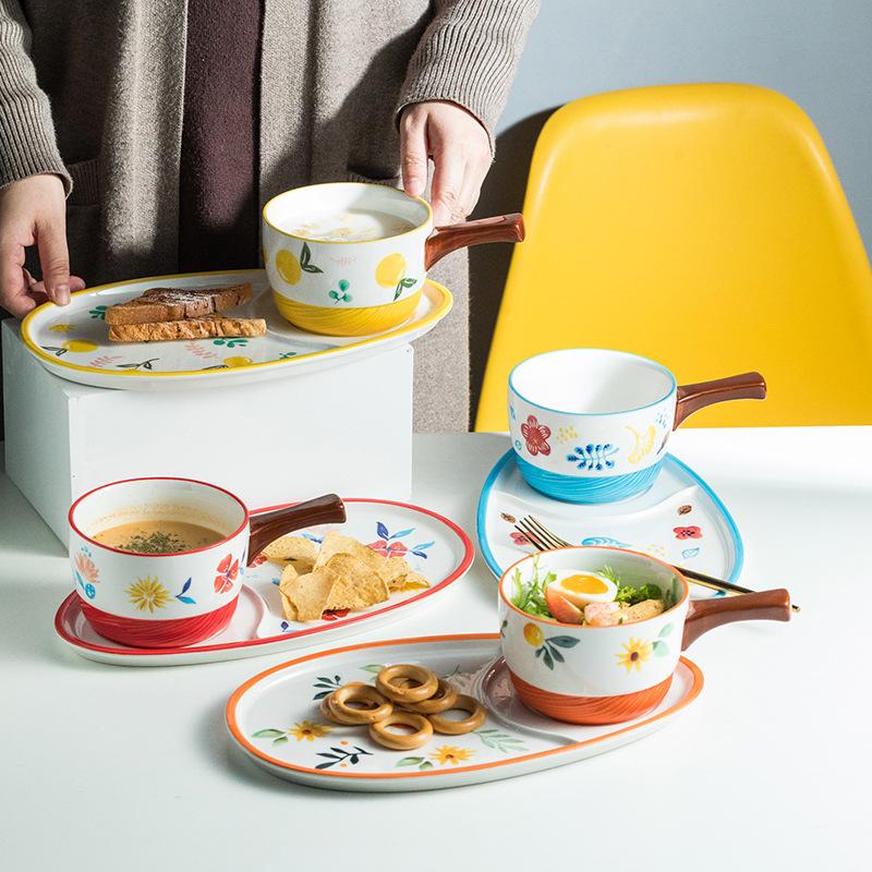 1 Set Floral Bowl Dish Ceramic Breakfast Plate Oatmeal Bowl for Kids Dessert Plate Milk Container with Handle