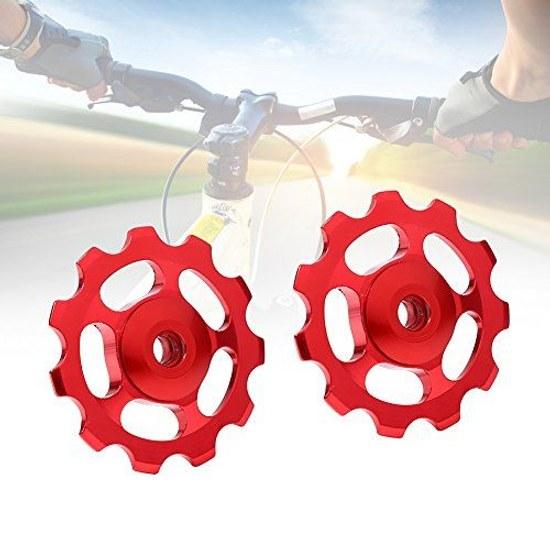 Bicycle rear derailleur pulley 11T aluminum alloy guide mountain bike jockey wheel speed bearing transmission 2 pieces (red) tension pulley.