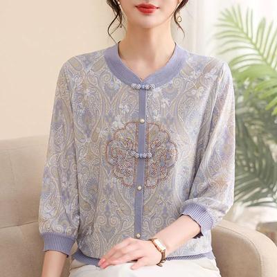 Womens Chinese Style Knit Blouse Floral Print 3/4 Sleeve Button Down Casual Top
