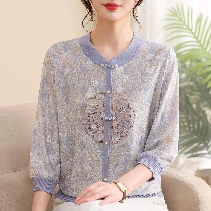 Womens Chinese Style Knit Blouse Floral Print 3/4 Sleeve Button Down Casual Top
