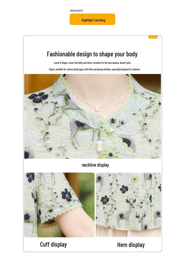 Mom's Chinese Style Summer T-Shirt & Two-Piece Set for Middle-Aged and Elderly Women - New 2026 Design
