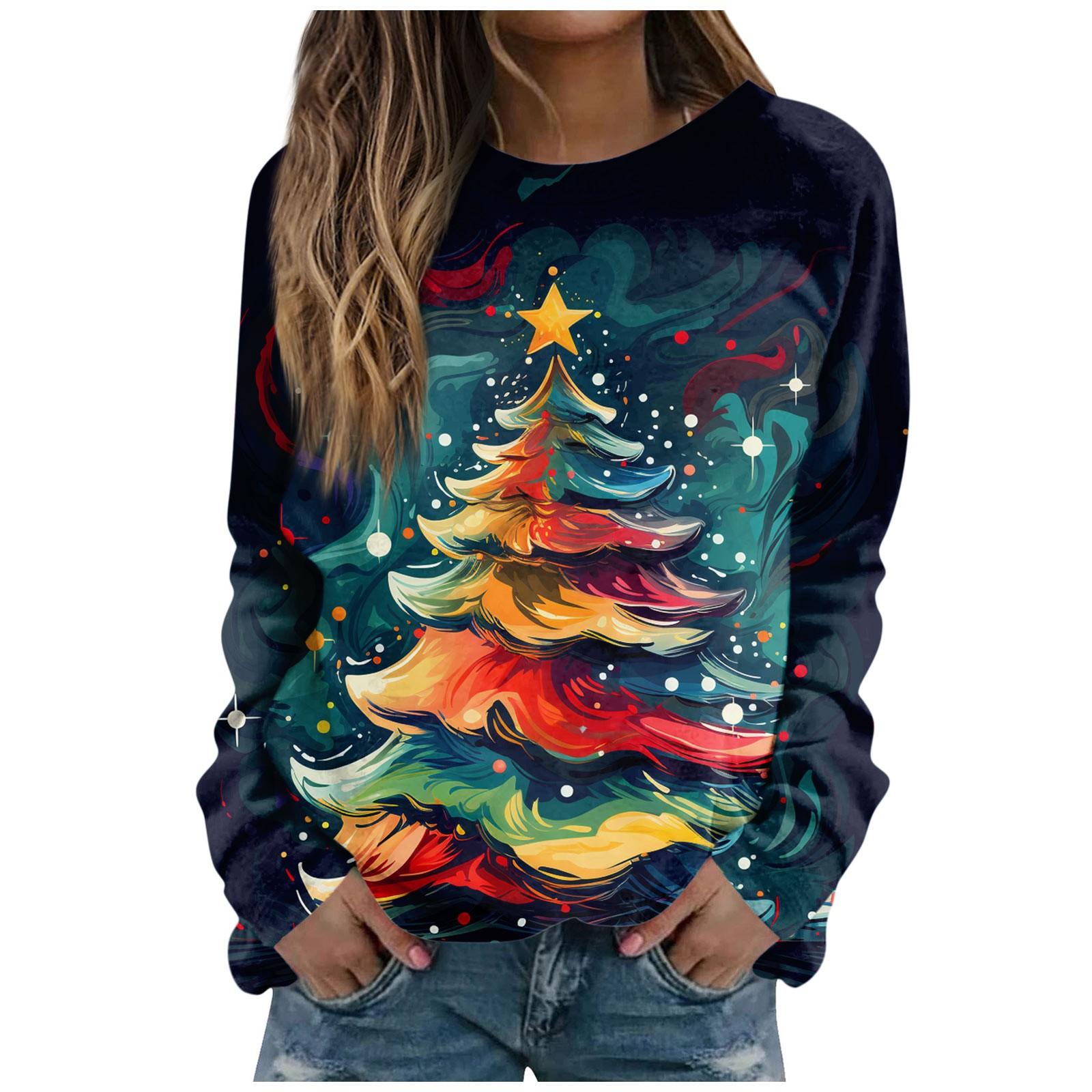 

Женская повседневная модная рождественская печать с длинным рукавом и круглым вырезом, пуловер, верхняя блузка L тёмно-синий
