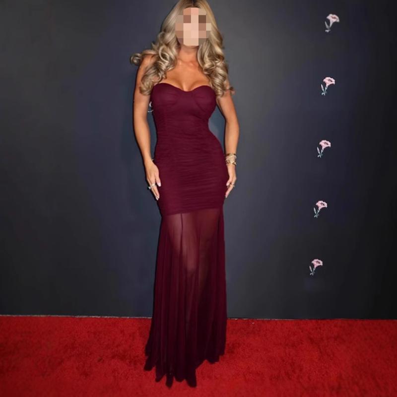 European and American Sexy Mesh Patchwork Slit Strapless Fashionable Slim Fit Dress for Women