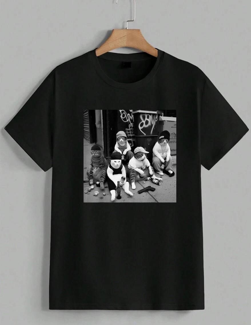 Gangster Cats T-Shirt Funny Thug Life Kitten Streetwear Hip Hop Graphic Unisex L