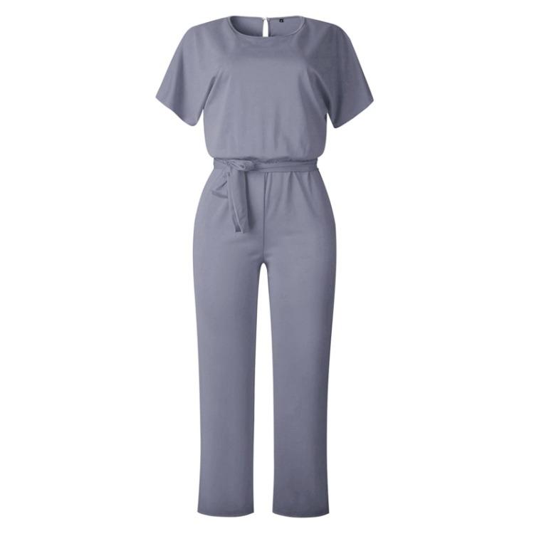 Elegant Women Slimming Jumpsuit with Batwing Short Sleeve and Lace Up Waist Solid Color Commuting Pantis Fashion Outfit