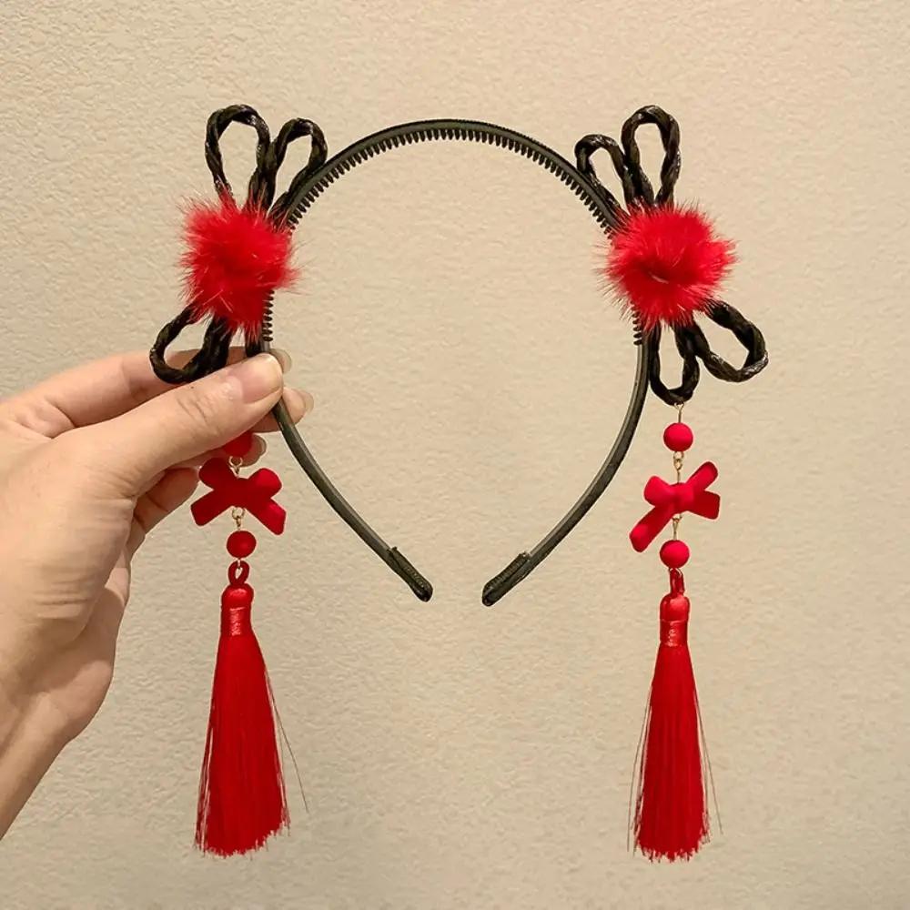 Flower Children Wig Headband Braid Hair Tang Suit Hair Hoop Chinese New Year Headwear Ancient Style Tassel Red Bow Hairband Baby
