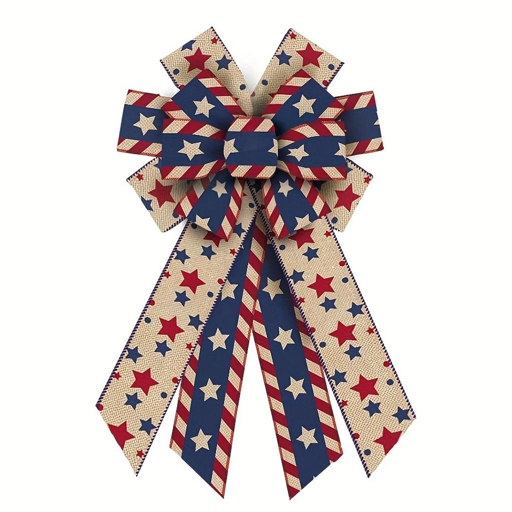

Elegant Red Blue Five Point Star Striped Linen Wreath With Bow Ribbon Perfect For Independence Day Celebrations