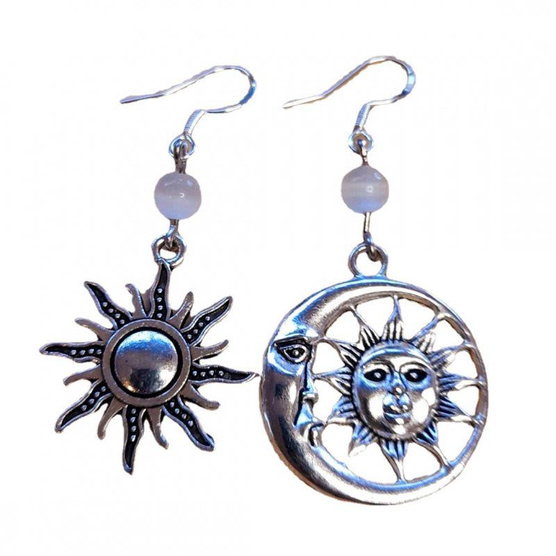 Asymmetrical Moonstone Sunflower & Sun Moon Face Earrings