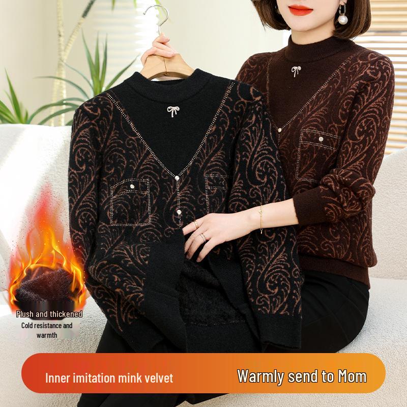 Plus Size Diamond Faux Mink Fur Sweater for Middle-Aged Women – Loose Half-High Collar Pullover