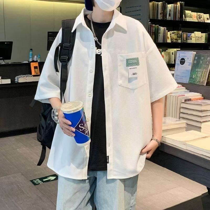 Waffle Short Sleeved Shirt For Men 2024 Summer New Korean Edition Handsome Shirt Five Quarter Sleeve Rascal Handsome Casual Top