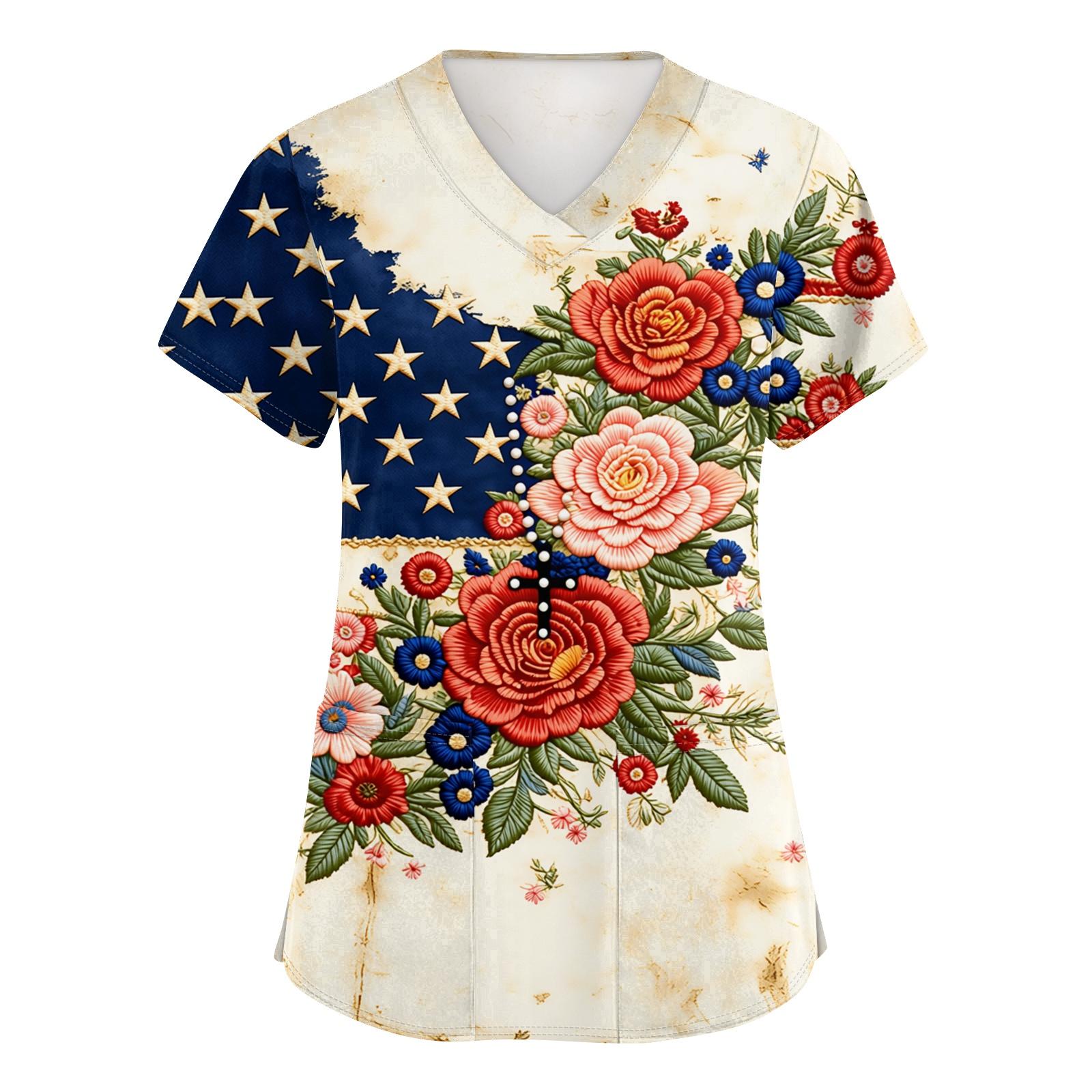 

Женский топ с коротким рукавом, принтом ко Дню независимости, V-образным вырезом, карманом, рабочая одежда S бежевый