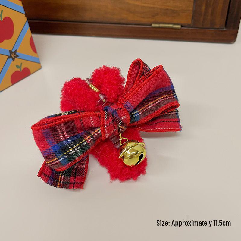 

Plaid Bow Plush Hair Clip – Christmas Bells Large Claw Clip for Women красный