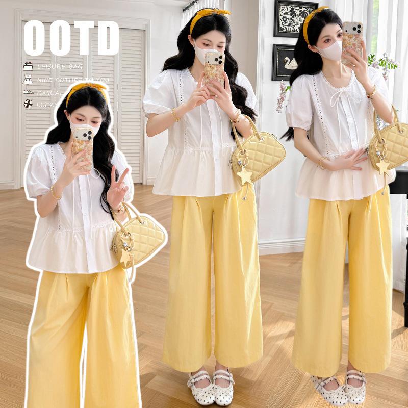 2026 Summer Lace Patchwork Blouse & Belly Support Pants Set M