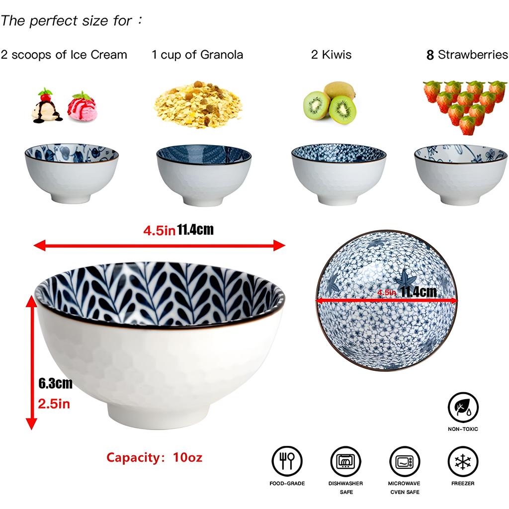 Japanese Style Ceramic Cereal Bowls,10 Ounces Salad,Soup,Rice Bowl Set,Blue and White (4.5 Inch)