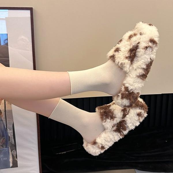 Plush One Word Dragging Women's Autumn and Winter Cow Color Thick Bottom Outer Wearing Cotton Dragging with Velvet Warm Fury Slippers