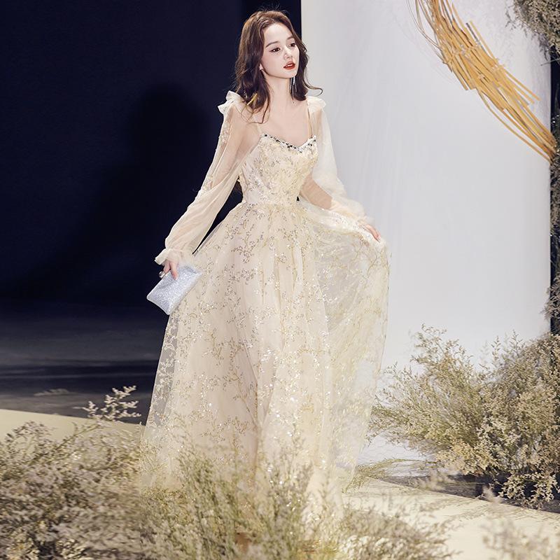 Champagne evening dress women's 1011 new summer high-end banquet temperament host dinner fairy dress