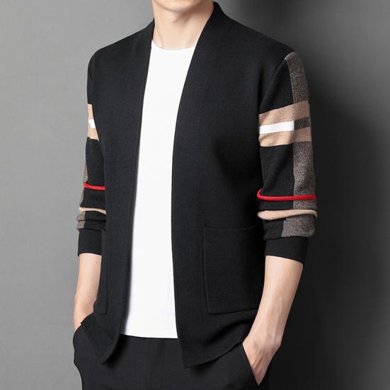 Long Sleeves Pockets Thickened Warm Cardigan Sweater Men Autumn Winter Patchwork Color