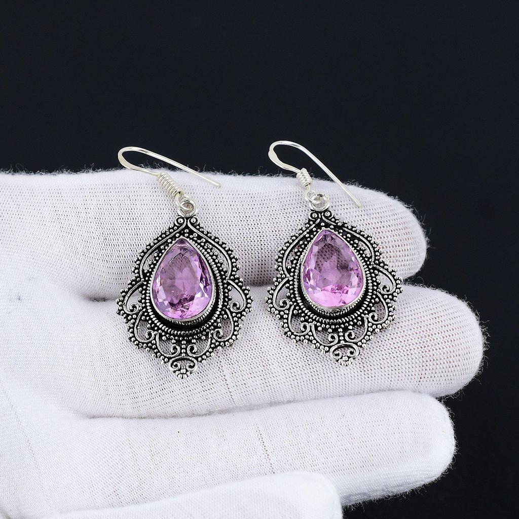 Rosa Kunzit Ohrringe, Edelstein Ohrring, Antik Rosa Kunzit Edelstein Silber Ohrring, 925 Massiv Silber Edelstein Schmuck, Edelstein Ohrring für Sie