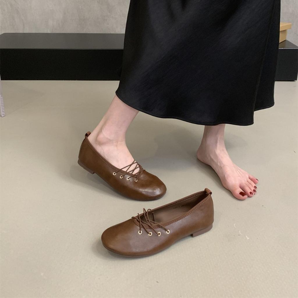 Retro Round Head Evening Soft Leather Ballet Single Shoes Women's Autumn 2025 One-pedal Gentle Pregnant Women Flat Grandma Shoes