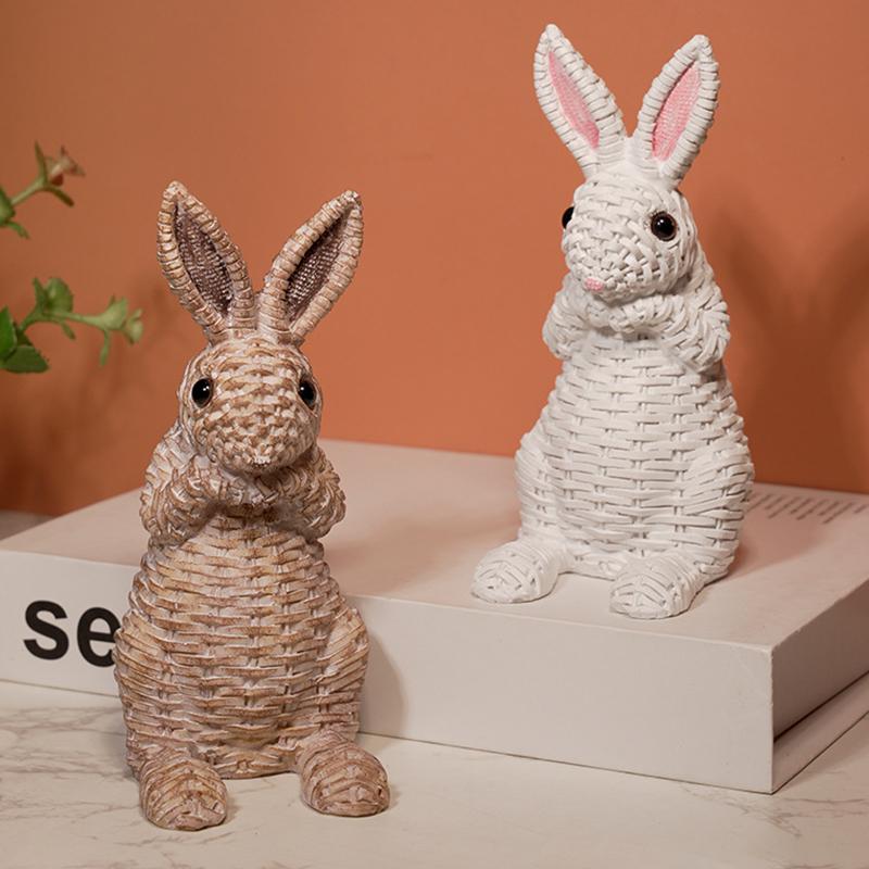 Rattan Effect Resin Bunny Easter Decor,Table Rabbit Easter Decorations,Spring Bunnies Decoration Statue Figurine