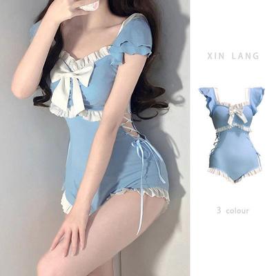 Ladies Korean Style One Piece Ruffled Backless Swimsuit Tummy Control Monokini Drawstring Waist Hot Spring Swimwear Girls Cute Fashion Bathing Suit