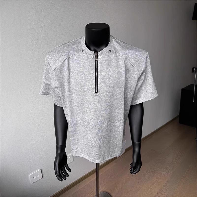 CleanFit Men's Half-Zip Shoulder Pad High Street Heavyweight T-Shirt with Five-Sleeve Design