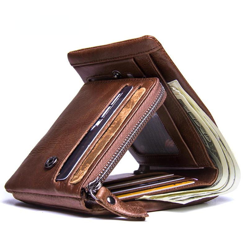 Genuine Leather Engraving Wallet Men Vintage Brand Money Bag Zip Coin Purse Wallets Bifold High Quality Card Holder