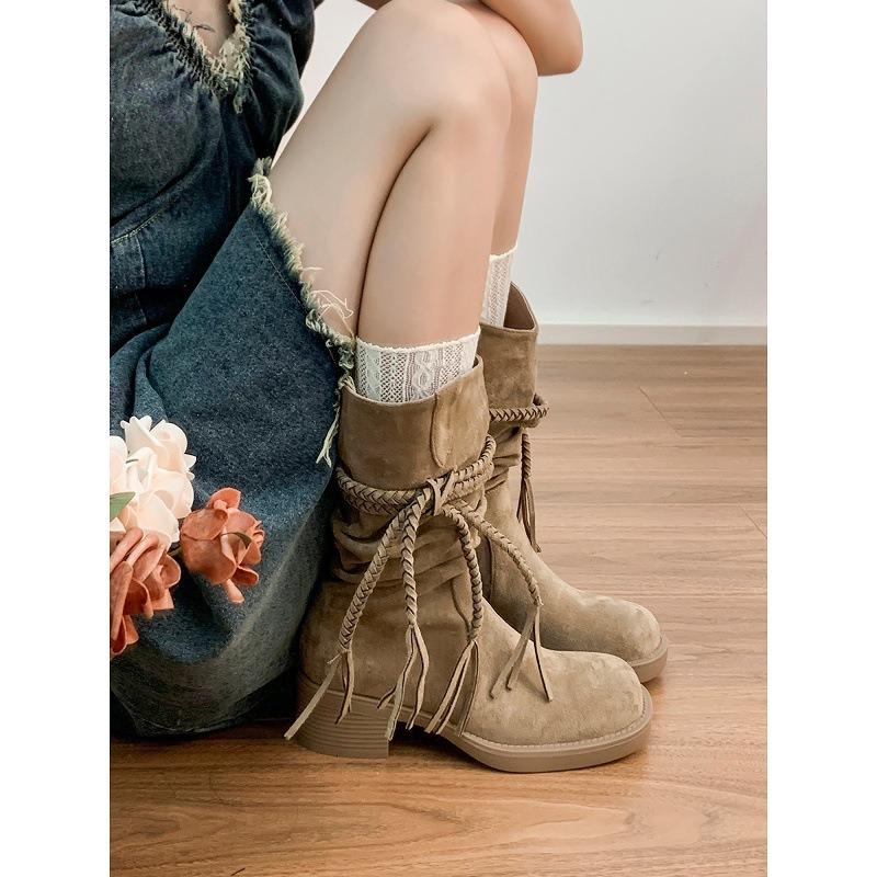 Cowhide version~ thick-soled boots, waste retro style knight boots, women's genuine leather frosted fringed hemp rope thick heel medium boots
