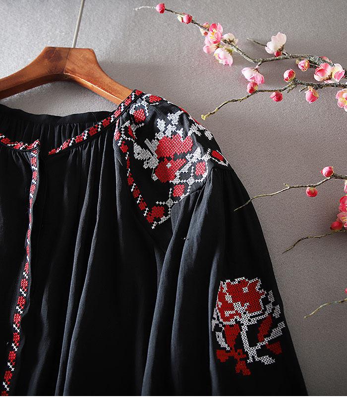 Ethnic Style Embroidered Lantern Sleeve Plus Size Cotton Linen Shirt