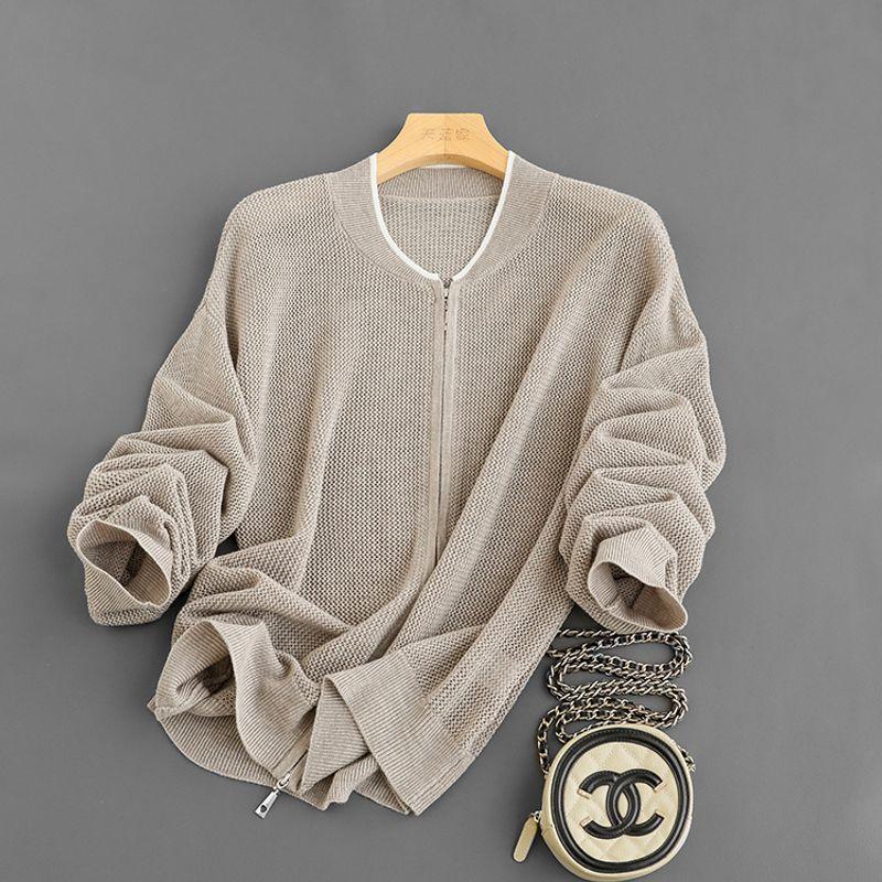 

Italian Luxury Old Money Style ~ Silk Wool + Tencel Cotton! Woven Hollowed Baseball Collar Knitting Cardigan Outwear Female Autumn New Milk brown M