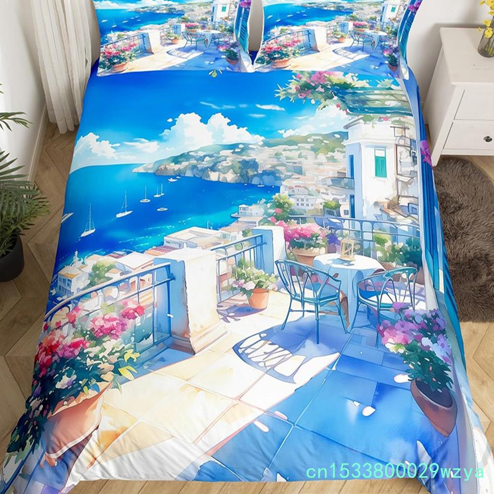 Seaside Town Landscape Bedding Set Flowers Rustic Duvet Cover Coastal Style Island Comforter Cover Ocean Scenery Quilt Cover