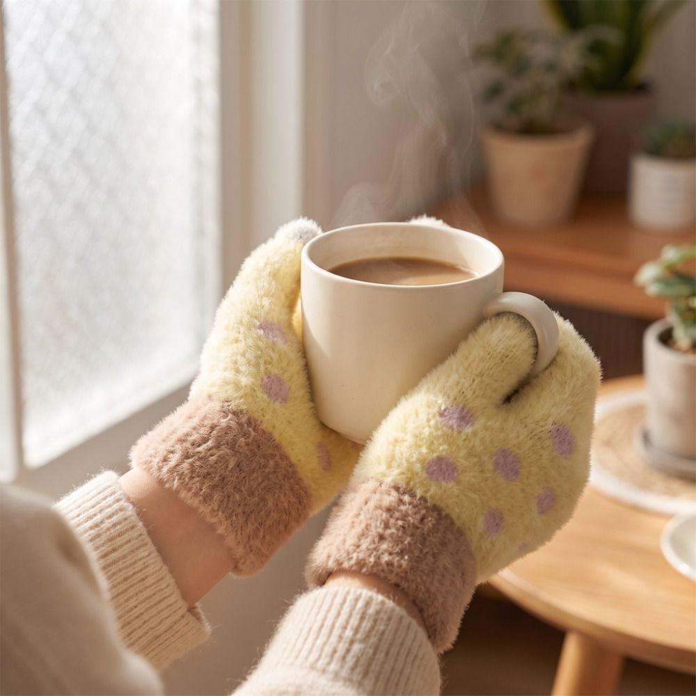 Polka Dot Five-Finger Gloves Touchscreen Warm Gloves Sweet Knitted Gloves Riding