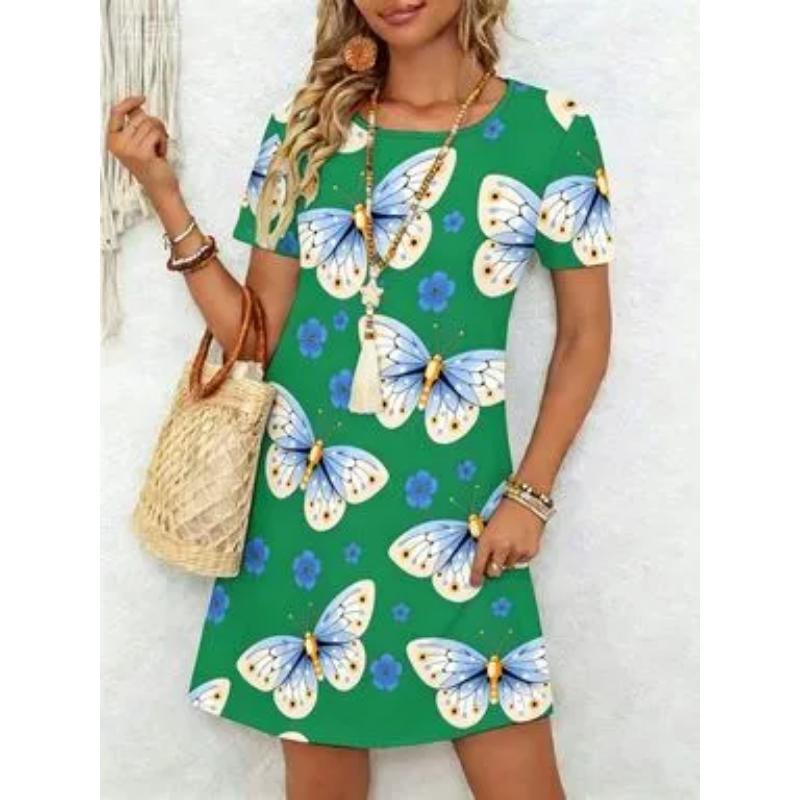 Fashion Women's Crew Neck Dress 3D Butterfly Color Printed Butterfly Dress
