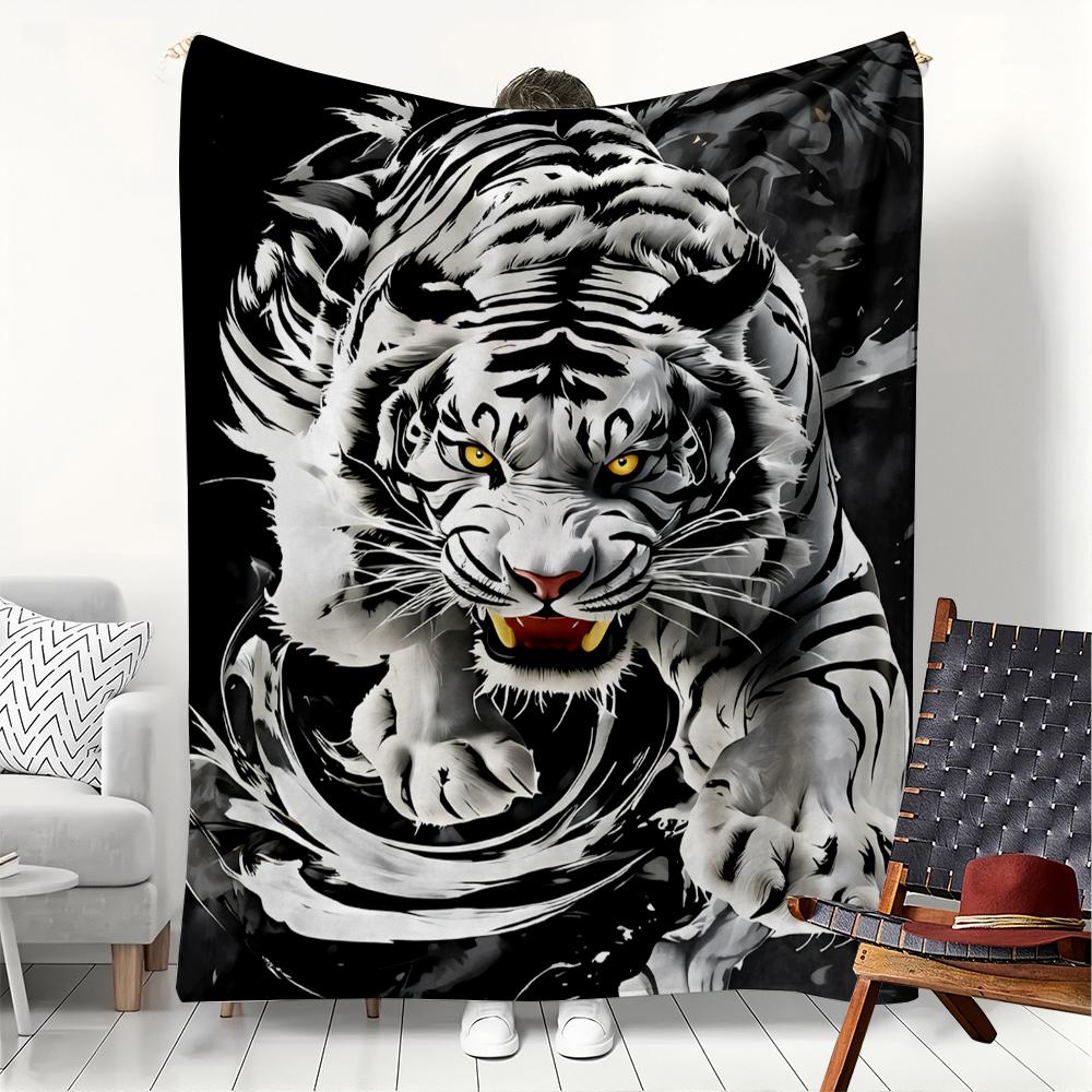 1PC White Tiger Arts Power Animals Blanket Flannel Thin Blankets for Home Office Travel Camping Perfect Gifts Four Season Use