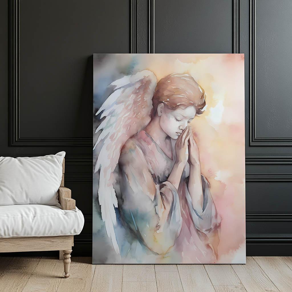 Betender Engel in Pastelltönen Betender Engel in Pastelltönen, 30X40 Cm, Rahmen Holz Helle Eiche, Papier Matt 230 Gsm