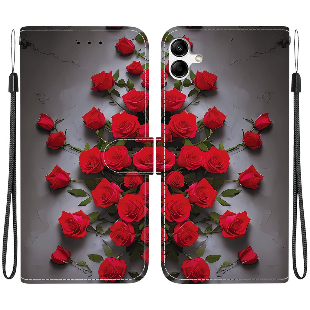 Ručně vyráběné PU kožené pouzdro s odklápěcím krytem pro Samsung A04e/F04/M04 (SM-A042F/E045F/M045F)- Protiskluzový nárazuvzdorný kryt s poutkem na zápěstí a designy srdce/růže a kočky