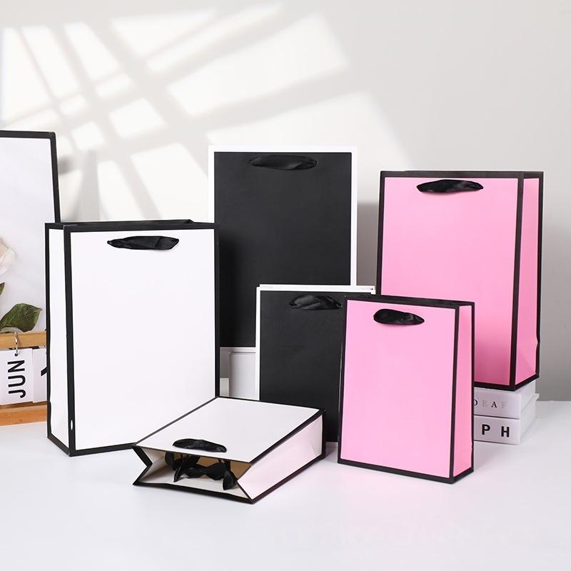 12/30pcs luxury paper gift bags minimalist color block tote bags with satin ribbon handles for clothing and presents party