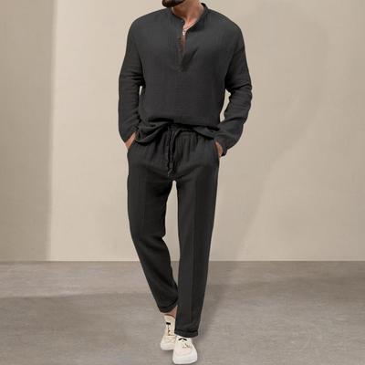 2Pcs/Set Men Summer Outfit Stand Collar Buttons Neckline Long Sleeve T-shirt Elastic Waist Drawstring Pockets Long Pants Set