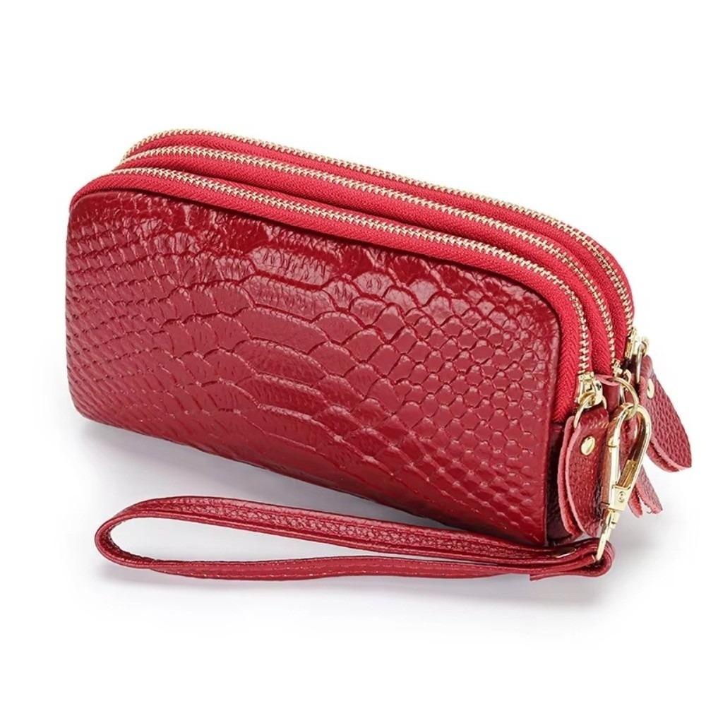 Solid Color Lady Clutch Crocodile Texture Long Zipper Genuine Leather Wallet Large Capacity 3-Layer Design Phone Bag for Women