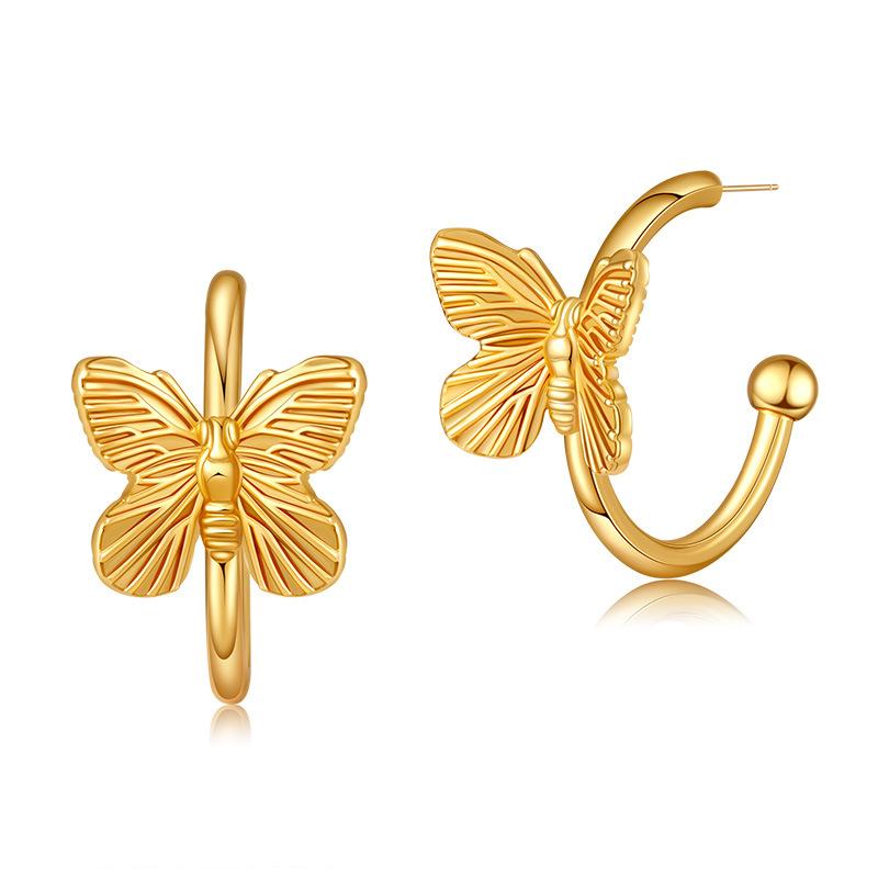 Simple C Shaped 18k Gold Plated Copper Butterfly Animal Stud Earrings For Women