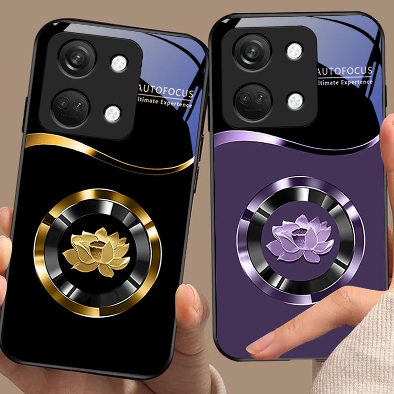 Circle Lotus Gold For OnePlus Nord 3 5 6T 7 Pro 8 12 10T Reno8 Lite 5G 10R Nord N30 Hard Shell Tempered Glass Phone Case Black