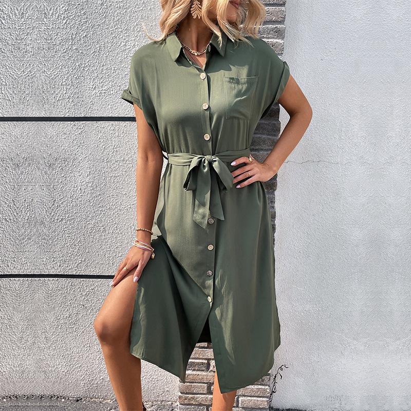 Summer European and American versatile commuting simple style shirt skirt short sleeve lapel solid color dress