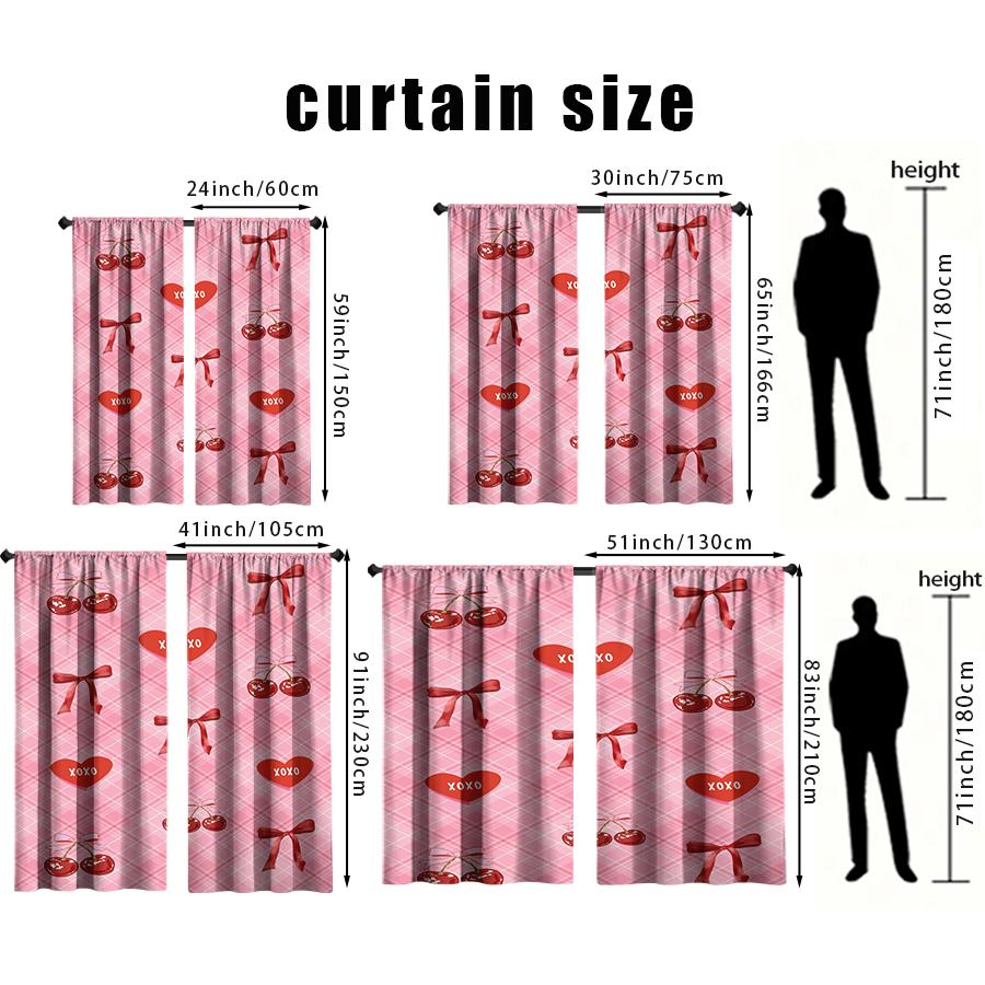 2PCS Pink Grid Cherry Love "XOXO" Curtains   Sweet and Cool Style   Bedroom and Living Room   Drawbar Pocket Decorative Curtains